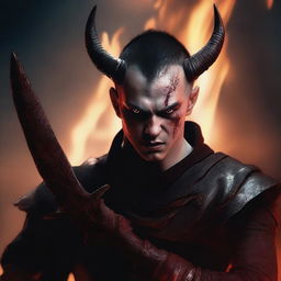 A highly detailed and realistic portrait of a very angry young man with buzzcut black hair, full red eyes, and black demon horns