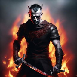 A highly detailed and realistic portrait of a very angry young man with buzzcut black hair, full red eyes, and black demon horns