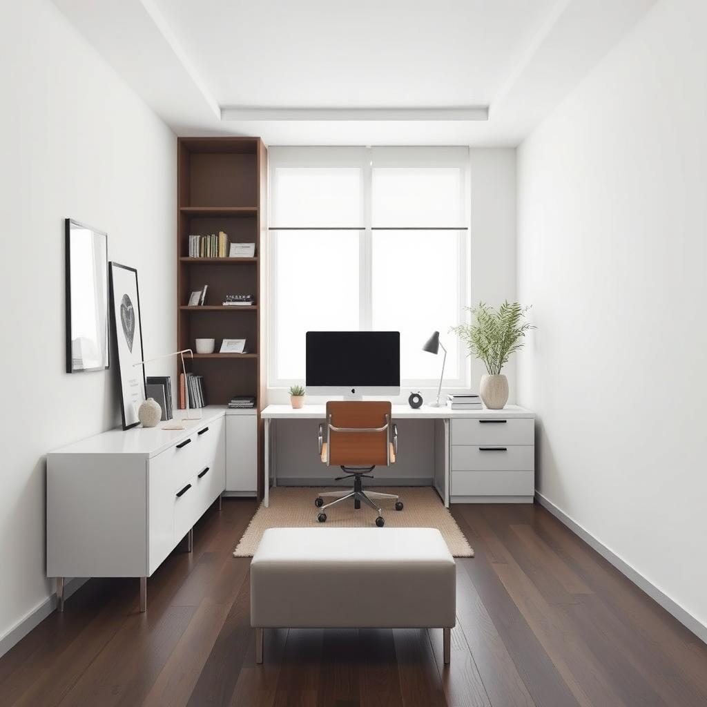 Create a minimalist office design in a 4 meters by 3 meters environment featuring both low and high furniture