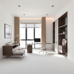 Create a minimalist office design in a 4 meters by 3 meters environment featuring both low and high furniture