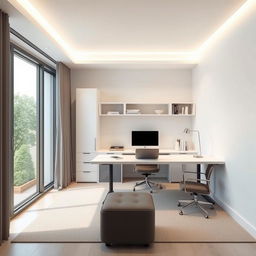 Create a minimalist office design in a 4 meters by 3 meters environment featuring both low and high furniture