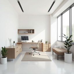 Create a minimalist office design in a 4 meters by 3 meters environment featuring both low and high furniture