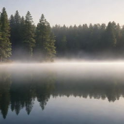 Render a serene image of a tranquil lake at sunrise, with mist rising from the surface, surrounded by towering pine trees.