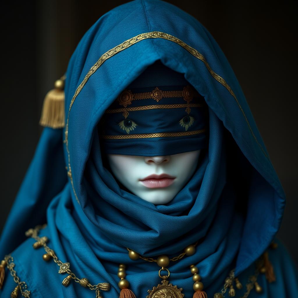 A character adorned in blue and teal fabrics with gold accents and tassels