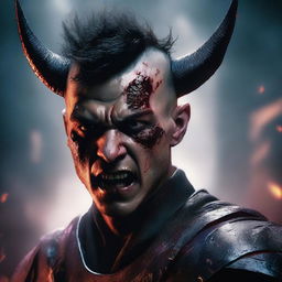 A highly detailed and realistic portrait of a young man with messy buzzcut black hair, red eyes, and black demon horns