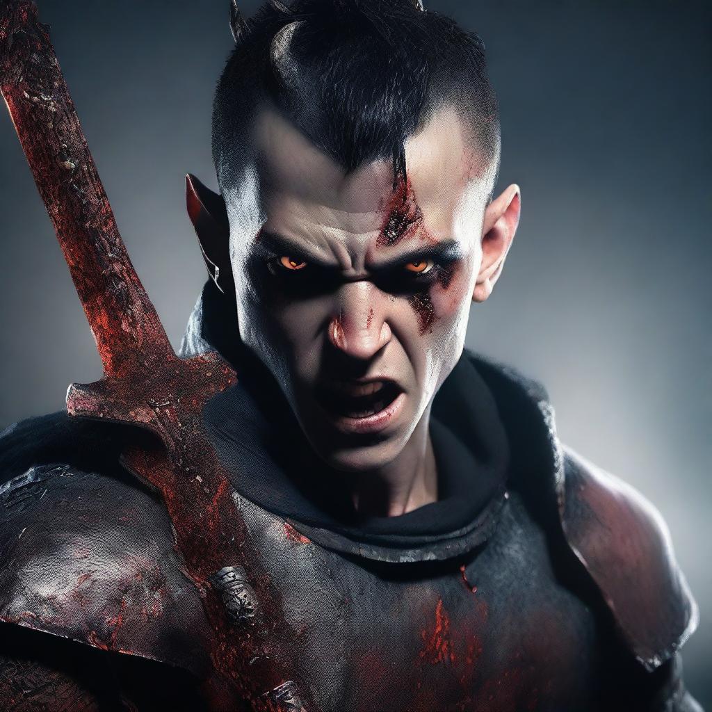 A highly detailed and realistic portrait of a young man with messy buzzcut black hair, red eyes, and black demon horns