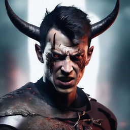 A highly detailed and realistic portrait of a young man with messy buzzcut black hair, red eyes, and black demon horns