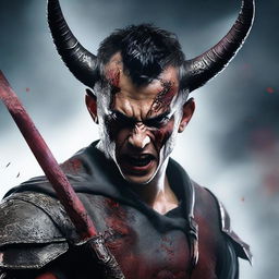 A highly detailed and realistic portrait of a young man with messy buzzcut black hair, red eyes, and black demon horns