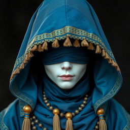 An adult character adorned in blue and teal fabrics with gold accents and tassels