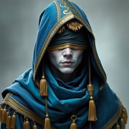 An adult character adorned in blue and teal fabrics with gold accents and tassels