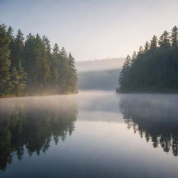 Render a serene image of a tranquil lake at sunrise, with mist rising from the surface, surrounded by towering pine trees.