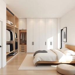 Create a minimalist room design in a 4 meters by 3 meters environment that includes storage space for clothes and a large bed