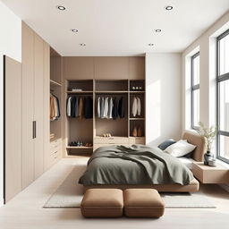 Create a minimalist room design in a 4 meters by 3 meters environment that includes storage space for clothes and a large bed