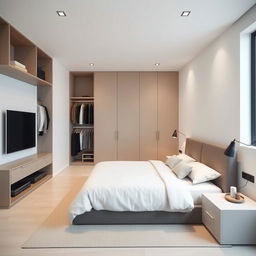 Create a minimalist room design in a 4 meters by 3 meters environment that includes storage space for clothes and a large bed