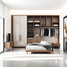 Create a minimalist room design in a 4 meters by 3 meters environment that includes storage space for clothes and a large bed