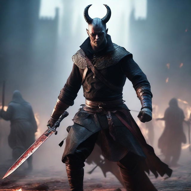 A full-body shot of a young, angry, crying man with buzzcut black hair, red eyes, and black demon horns, holding two bloody swords and shouting