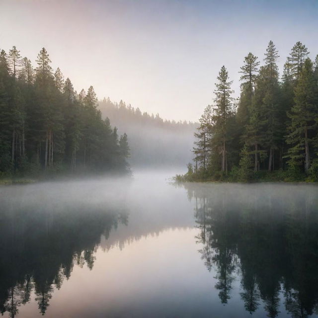 Render a serene image of a tranquil lake at sunrise, with mist rising from the surface, surrounded by towering pine trees.