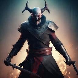 A full-body shot of a young, angry, crying man with buzzcut black hair, red eyes, and black demon horns, holding two bloody swords and shouting