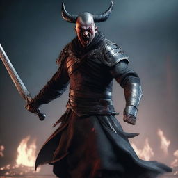 A full-body shot of a young, angry, crying man with buzzcut black hair, red eyes, and black demon horns, holding two bloody swords and shouting