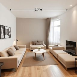 A rectangular living and dining room measuring 5