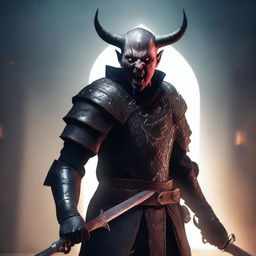 A full-body shot of a young, angry, crying man with messy black buzzcut hair, red eyes, and black demon horns