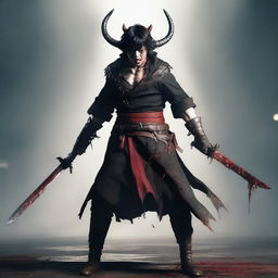 A full-body shot of a young, angry, crying man with messy, very short black hair, red eyes, and black demon horns