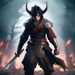 A full-body shot of a young, angry, crying man with messy, very short black hair, red eyes, and black demon horns