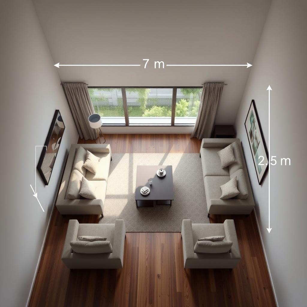 A rectangular living and dining room measuring 5