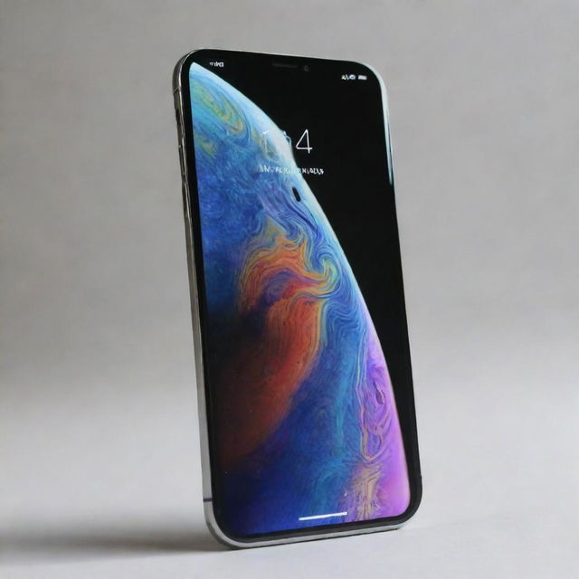 An advanced and sleek design of an iPhone 20 with a large edge-to-edge OLED display, glass back, and stainless steel edges.