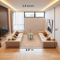 A rectangular living and dining room measuring 5