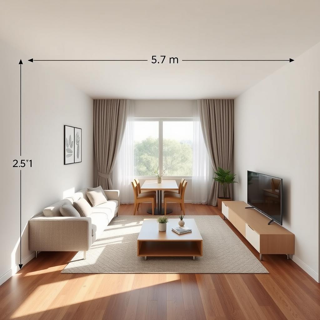 A rectangular living and dining room measuring 5