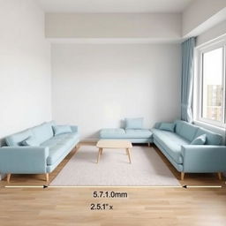 A rectangular living and dining room measuring 5