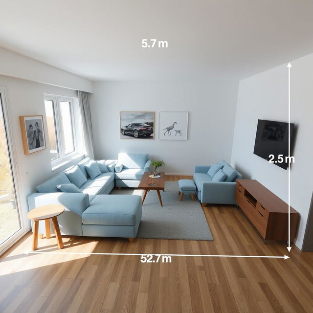 A rectangular living and dining room measuring 5