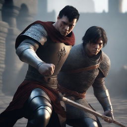 A young angry man with short black hair and red eyes, holding a sword and stabbing a muscular knight