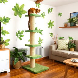 A cozy living room featuring a large cat scratching post painted green