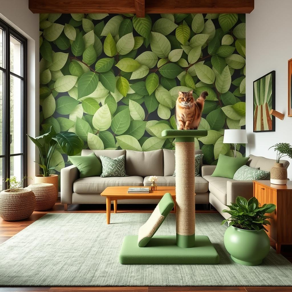 A cozy living room featuring a large cat scratching post painted green