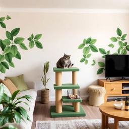 A cozy living room featuring a large cat scratching post painted green