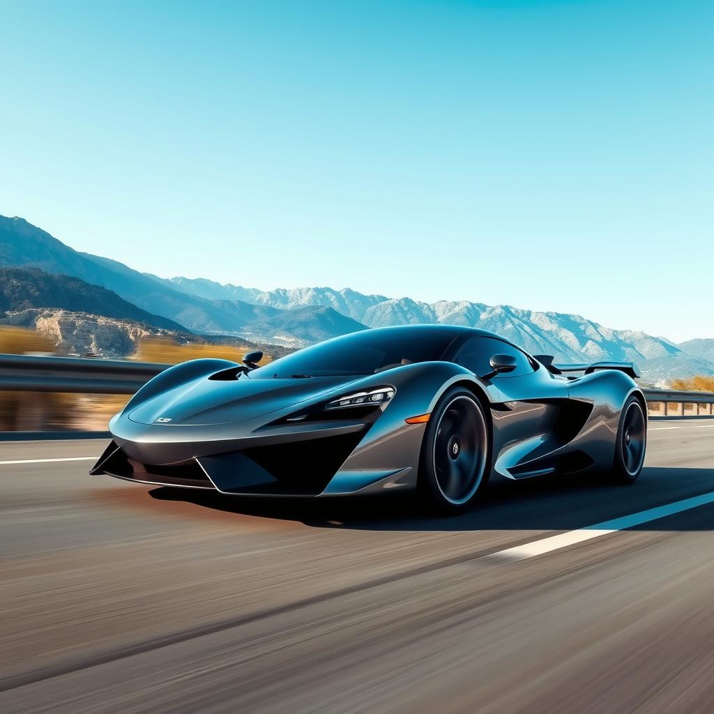 A sleek and modern sports car speeding down a highway, with a scenic mountain backdrop and a clear blue sky