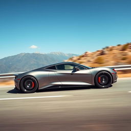 A sleek and modern sports car speeding down a highway, with a scenic mountain backdrop and a clear blue sky