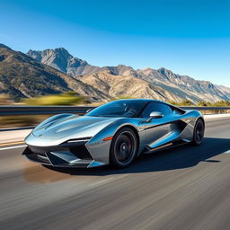 A sleek and modern sports car speeding down a highway, with a scenic mountain backdrop and a clear blue sky