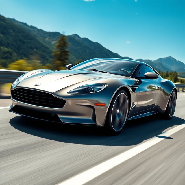 A sleek and modern sports car speeding down a highway, with a scenic mountain backdrop and a clear blue sky