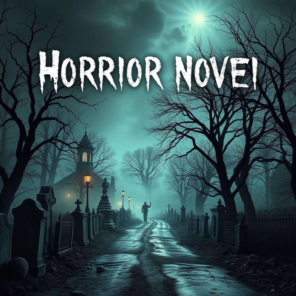 Create a book cover for a horror novel featuring a cemetery, a morbid street, and a scary road