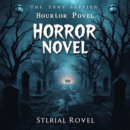 Create a book cover for a horror novel featuring a cemetery, a morbid street, and a scary road