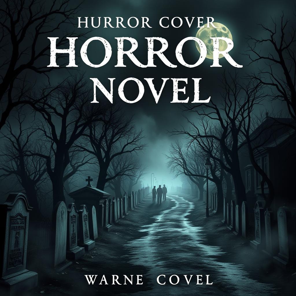 Create a book cover for a horror novel featuring a cemetery, a morbid street, and a scary road