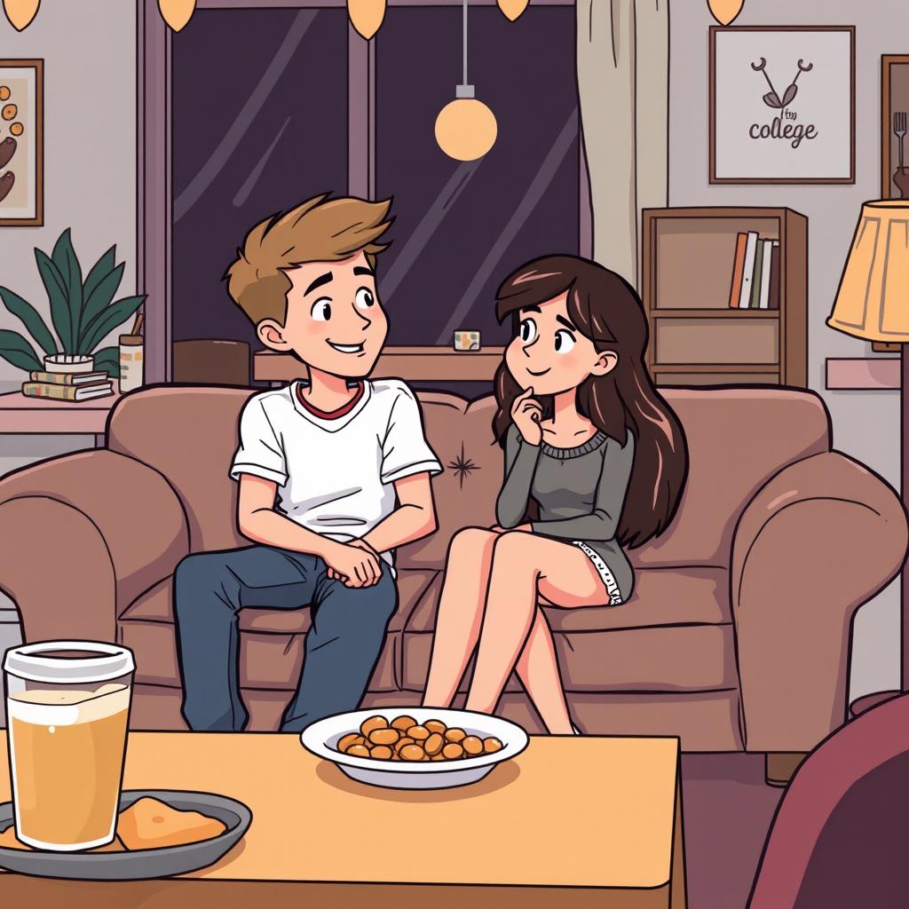 A cozy couch at a college party drawn in cartoon style