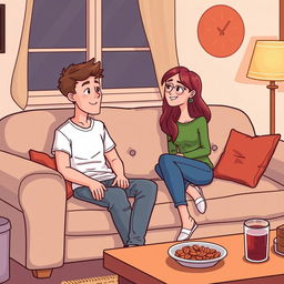 A cozy couch at a college party drawn in cartoon style