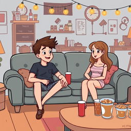 A cozy couch at a college party drawn in cartoon style