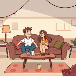 A cozy couch at a college party drawn in cartoon style