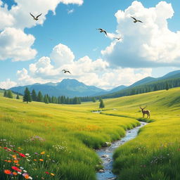 A serene landscape featuring a lush green meadow with colorful wildflowers, a clear blue sky with fluffy white clouds, and a distant mountain range