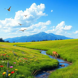 A serene landscape featuring a lush green meadow with colorful wildflowers, a clear blue sky with fluffy white clouds, and a distant mountain range